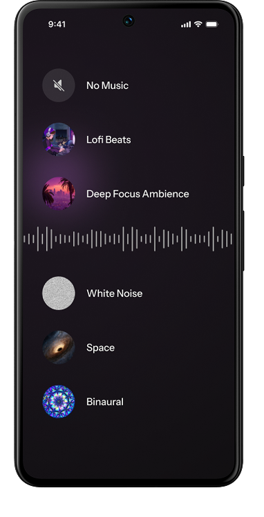 Focus sound picker with lo-fi beats, white noise, space and binaural themes