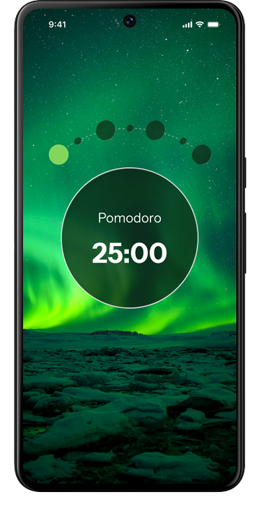 Pomodoro timer at 25:00 over a green aurora theme