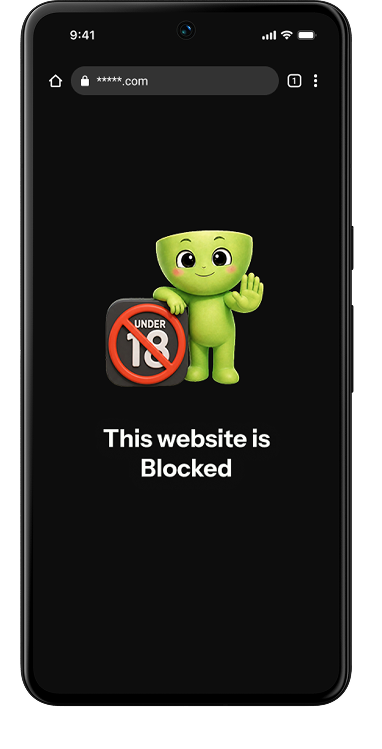 Regain mascot blocking an adult website with a message saying this website is blocked